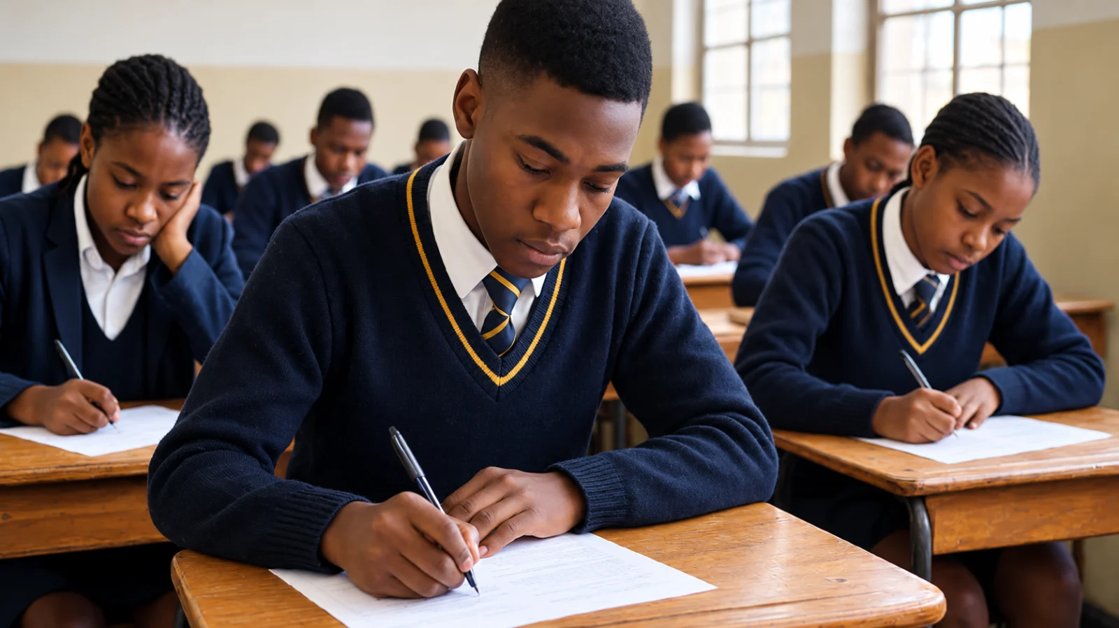 Students concentrating on a written examination in a classroom