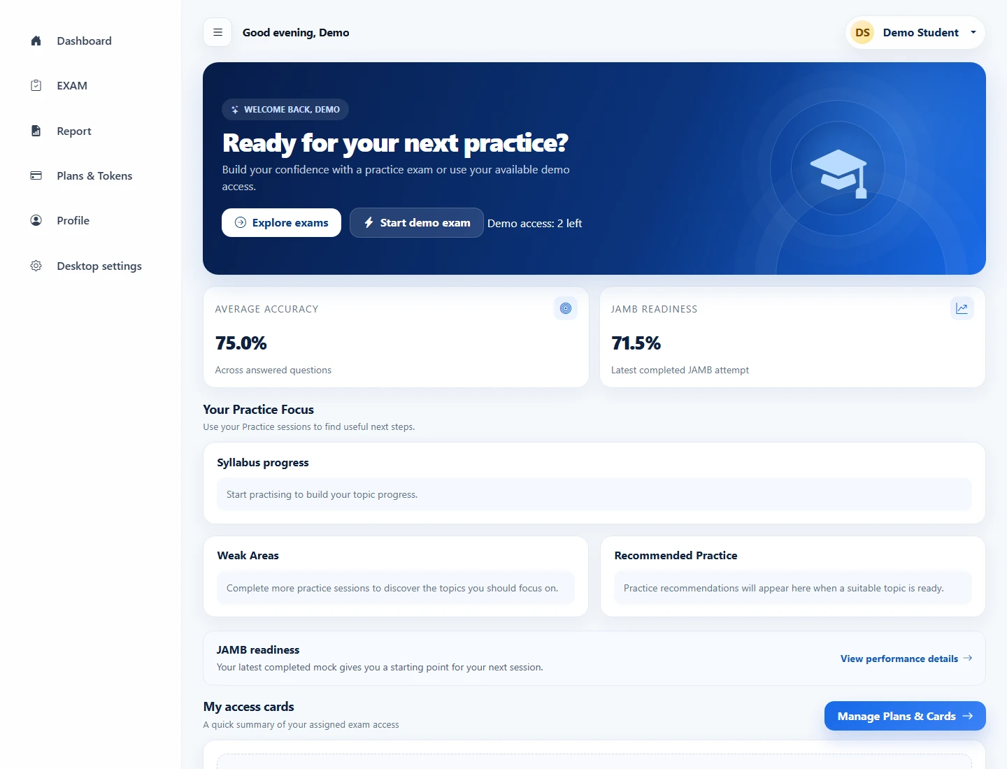 VIFEX student dashboard showing practice recommendations and JAMB readiness, 