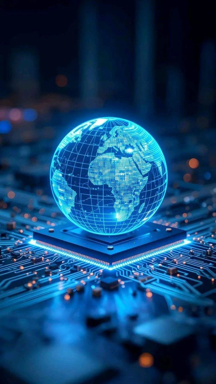 A luminous blue digital globe above a computer chip and circuit board